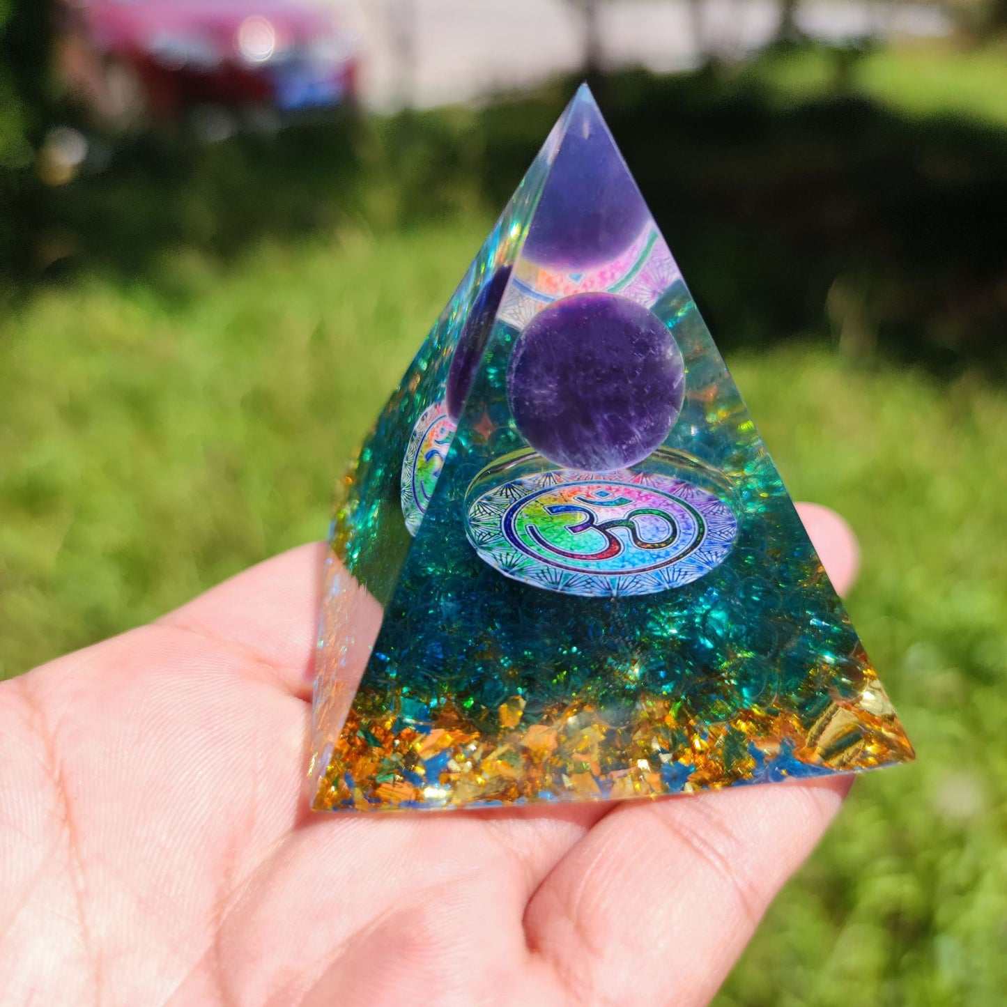 Crystal gravel resin wrapped home ornament - pyramid - yoga - energy