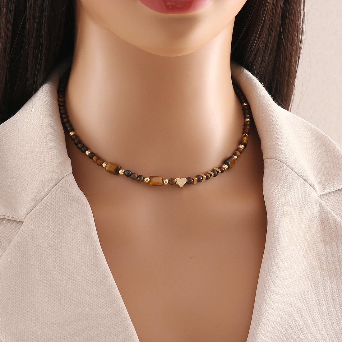 Tiger's eye Stone necklace Handmade beaded love collar N065