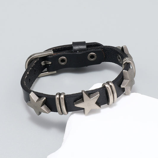 Punk style with five stars leather products bracelet